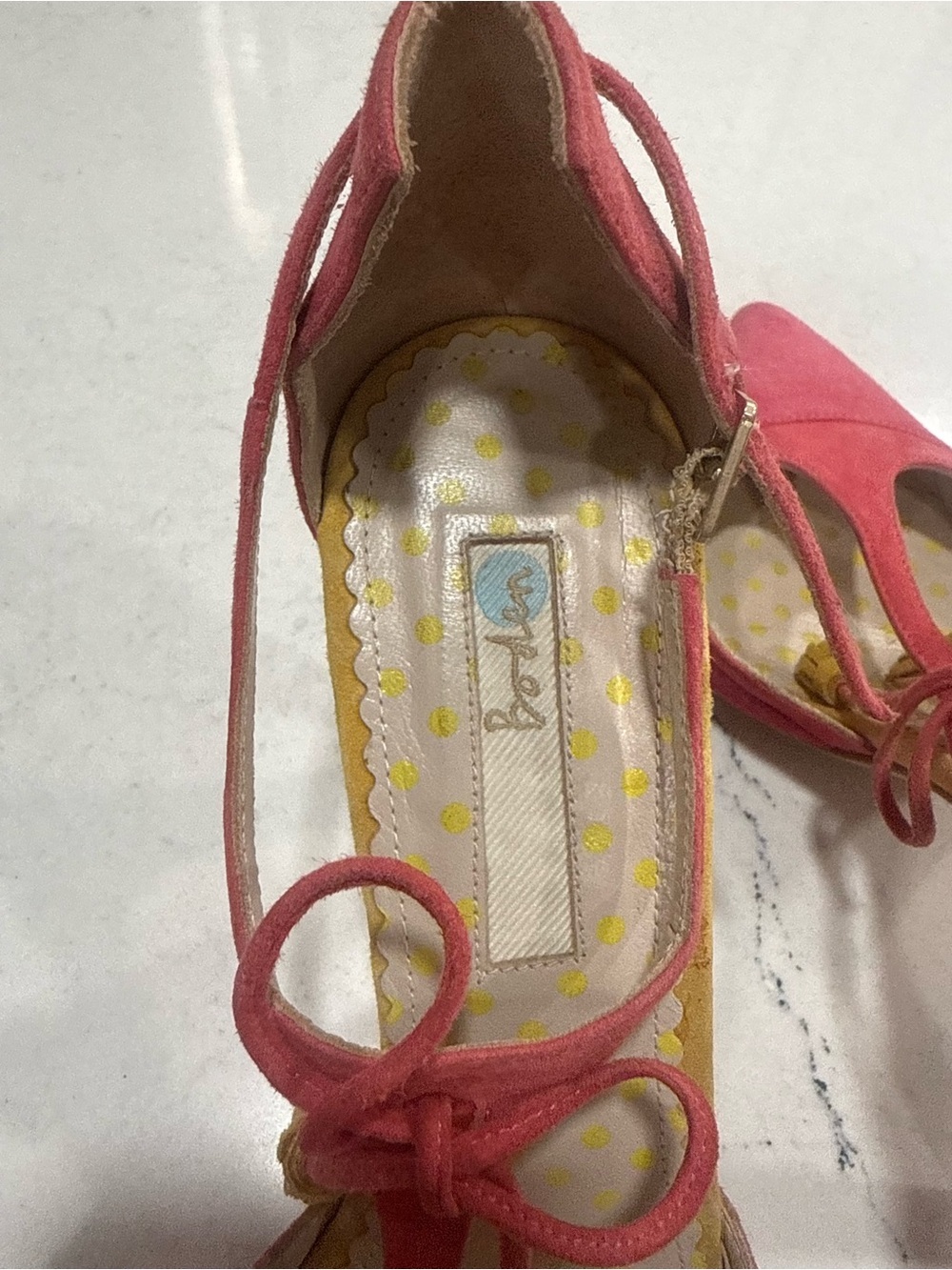 Boden “Alice” Pink Suede Ankle Strap Heels Yellow Tassels 7.5- 8 (38) - Picture 14 of 14